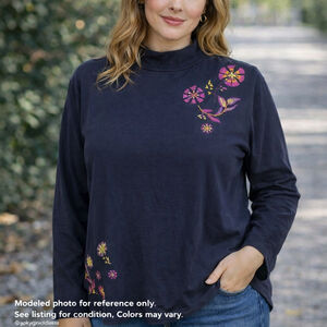Women’s Navy Floral Embroidered Mock Neck Long Sleeve Top Whimsigoth romantic 12